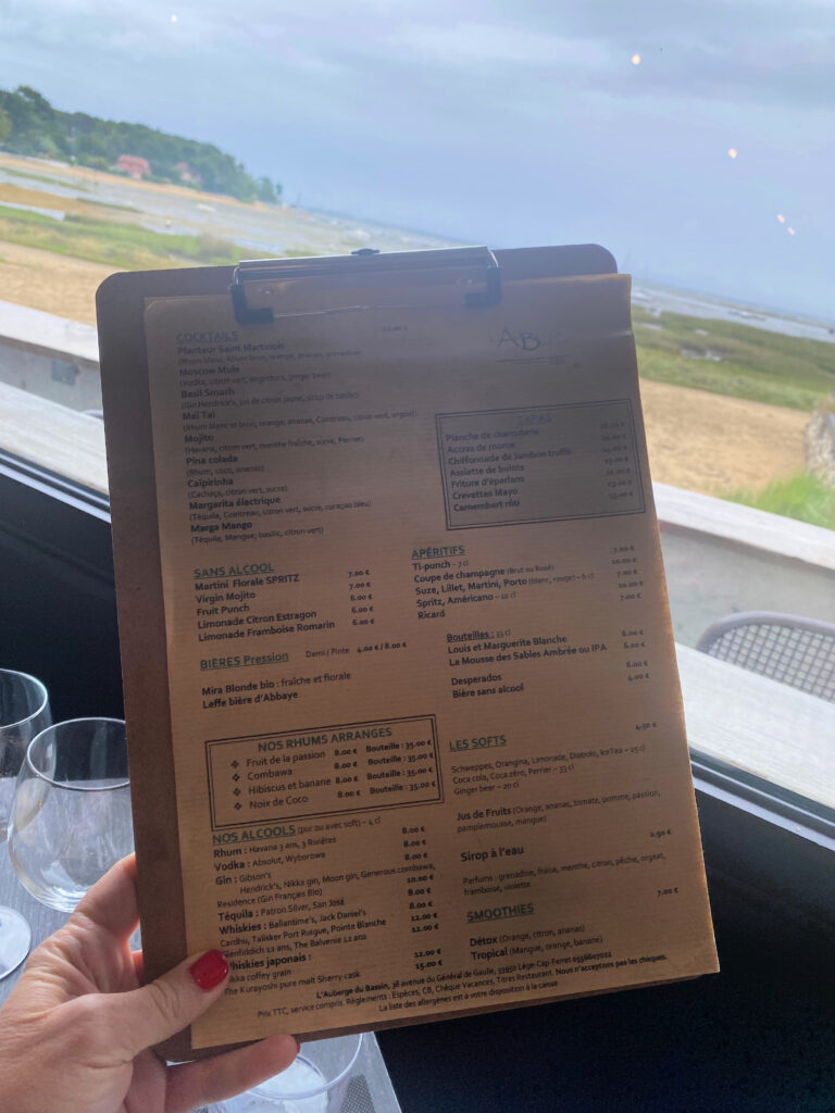 Menu at L'Auberge du Bassin in Lège-Cap-Ferret, France