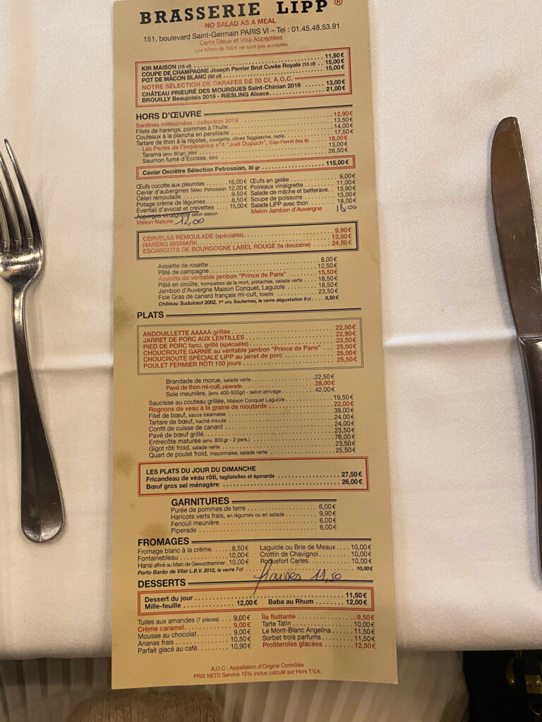Iconic menu of the Brasserie Lipp in Paris gscinparis