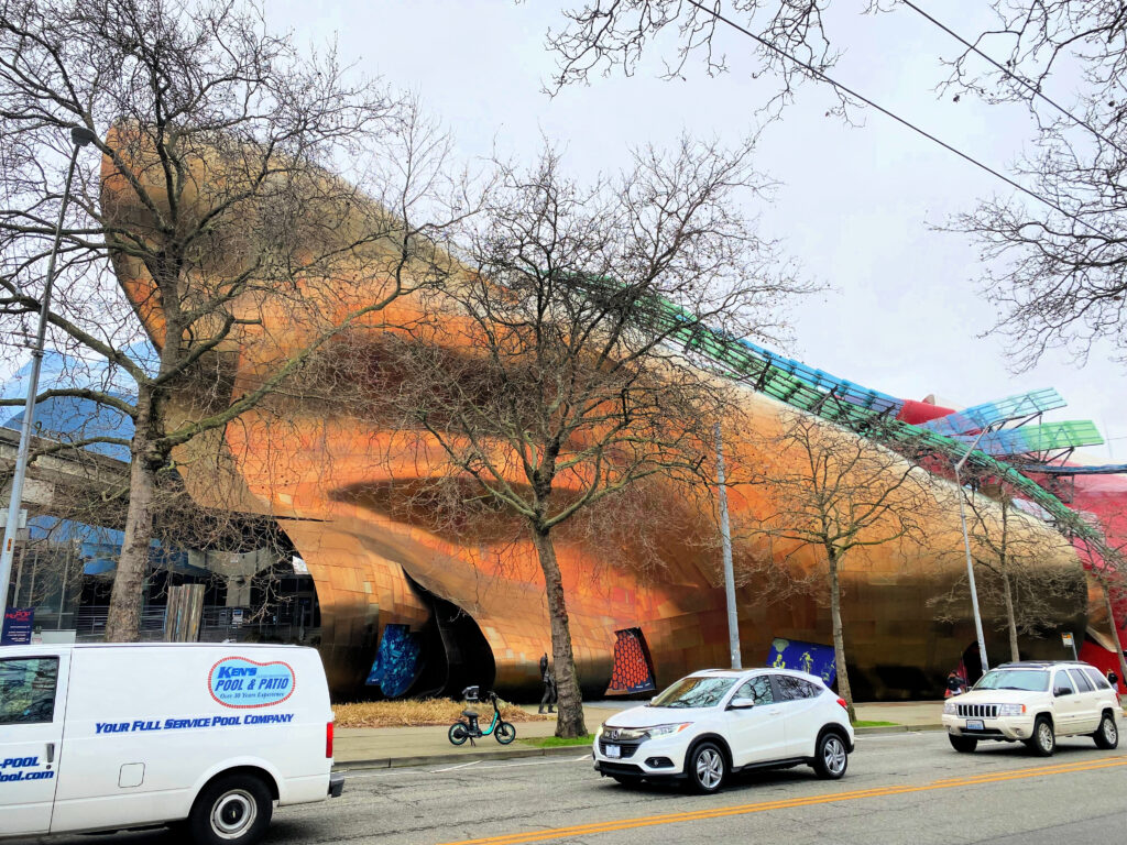 Street side view of the Experience Music Project Building in Seattle.