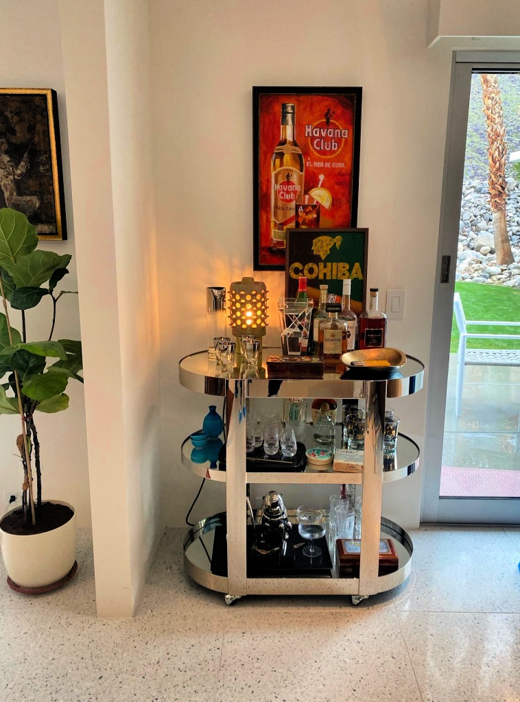 Perfectly styled bar cart at the Hi-Sun home gscinparis