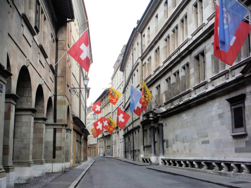 Swiss flag in Old Town Geneva