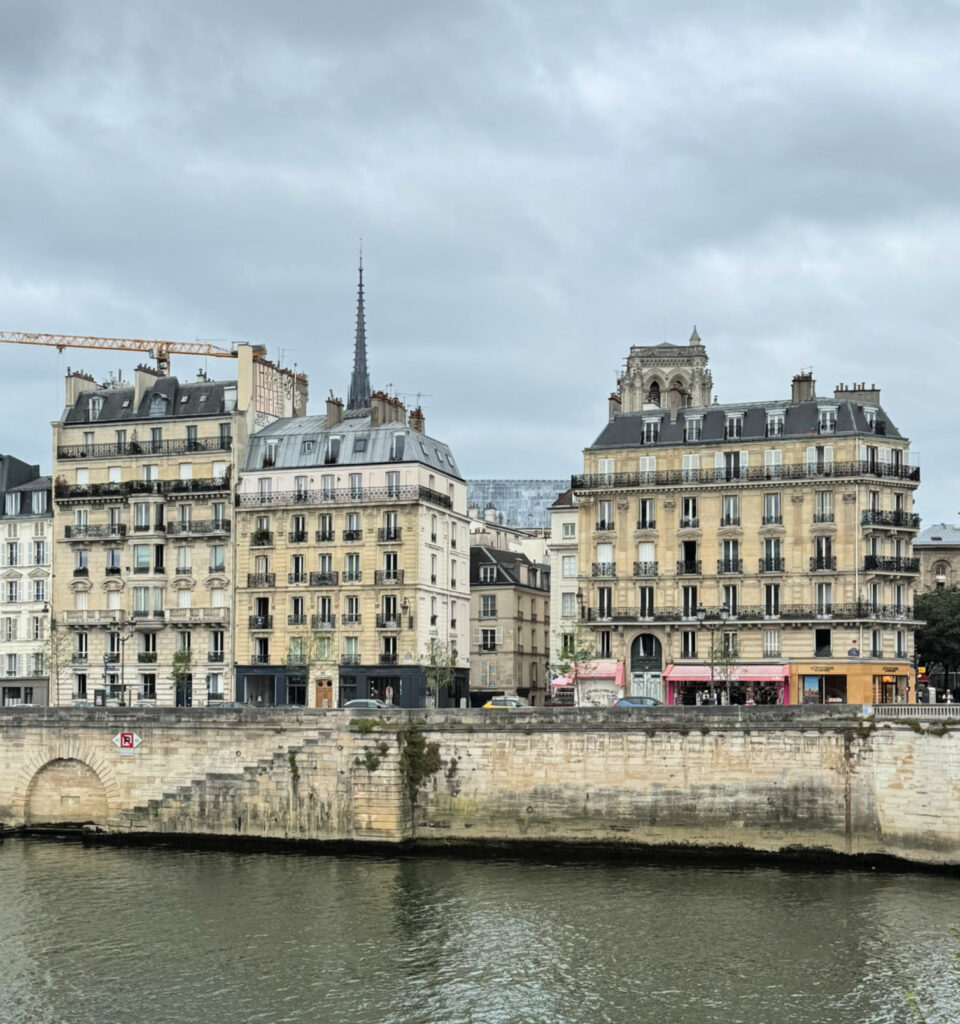 View of the Notre Dame spire in Paris July 2025