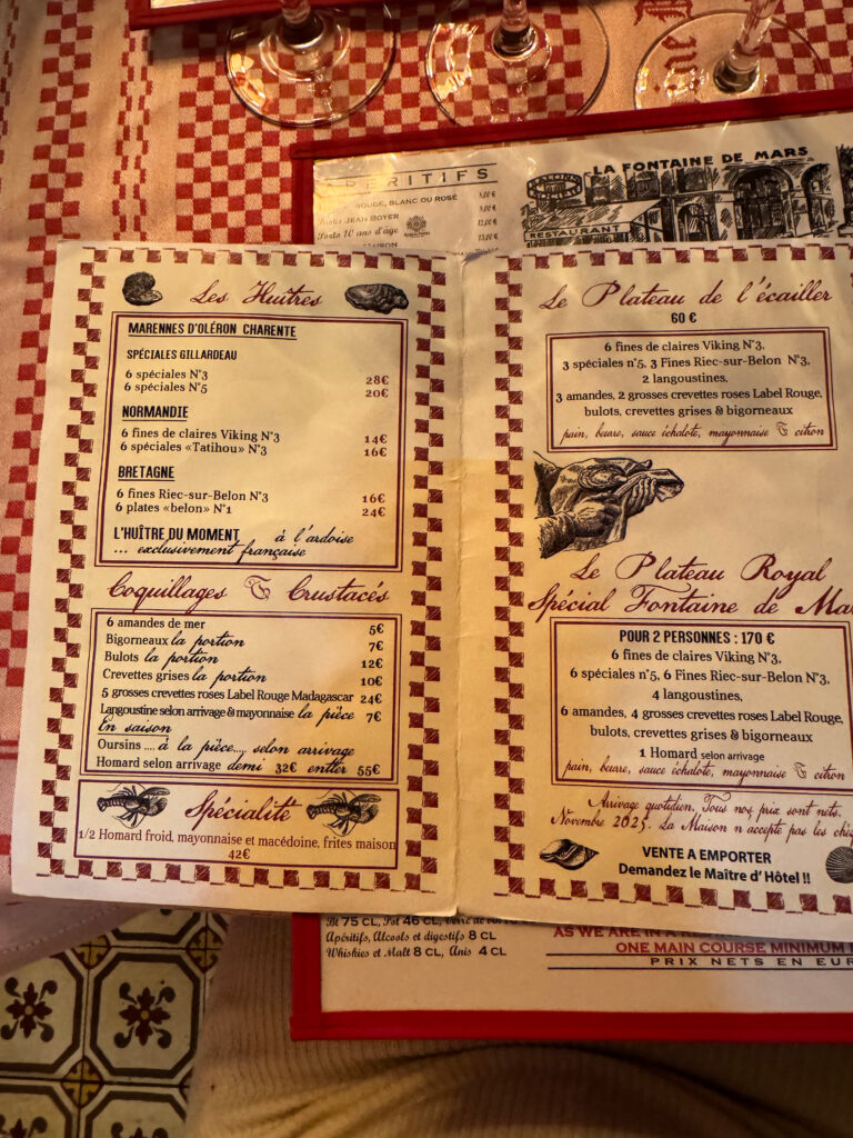 Charming menu at La Fontaine de Mars in Paris